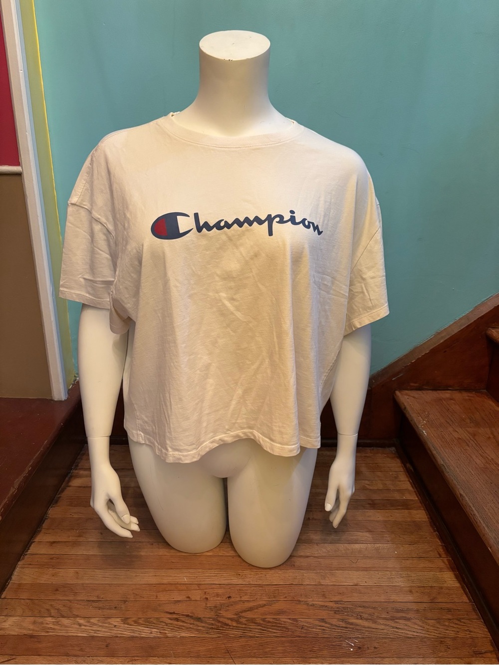 Champion Cream Cropped Tee with Navy & Red Logo